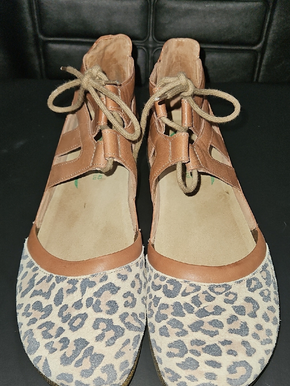 Naot Tan Leather & Leopard Print Lace-Up Flats Size 43 (Size 12 US)